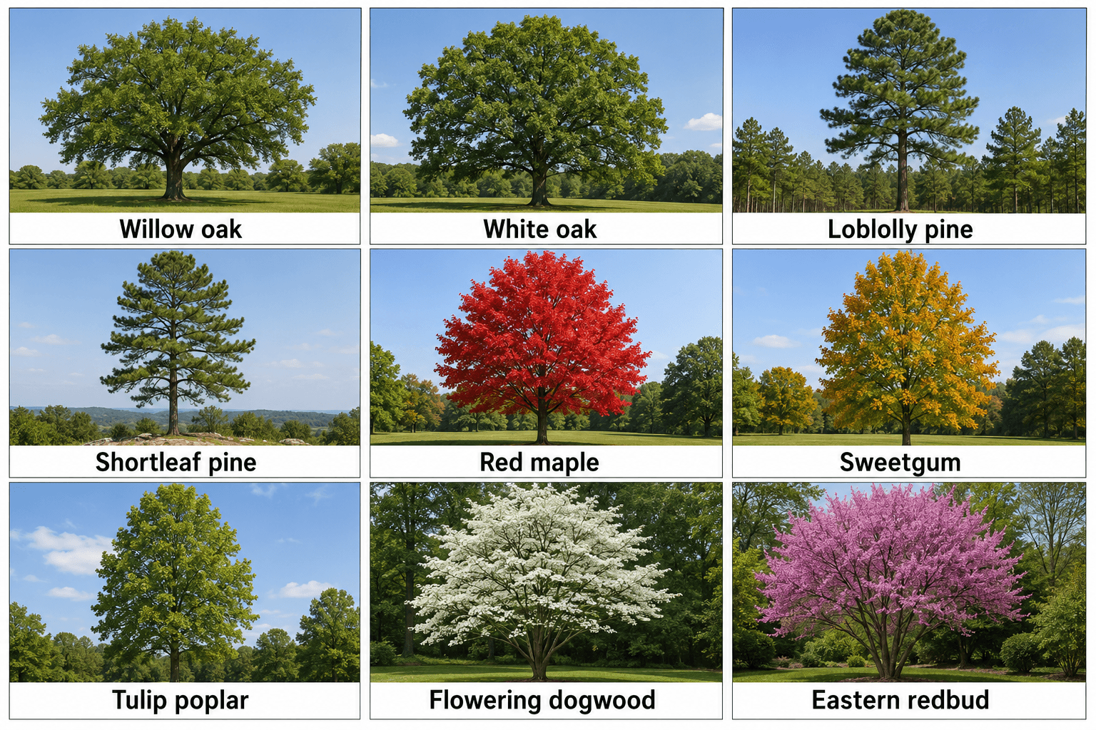 Leaf and bark details from oak, pine, maple, and dogwood trees in Greenville